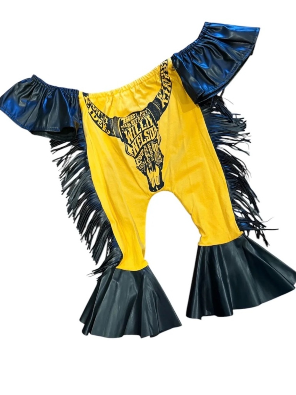 Willie Nelson Yellow Fringe Off-Shoulder Romper with Black Faux-Leather Trim